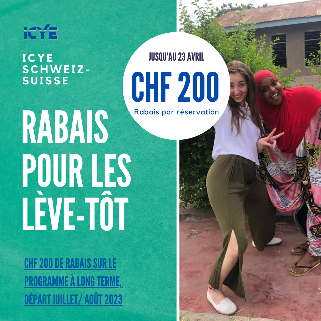 Rabais de CHF 200 pour les volontariats à long temp 2023 ICYE